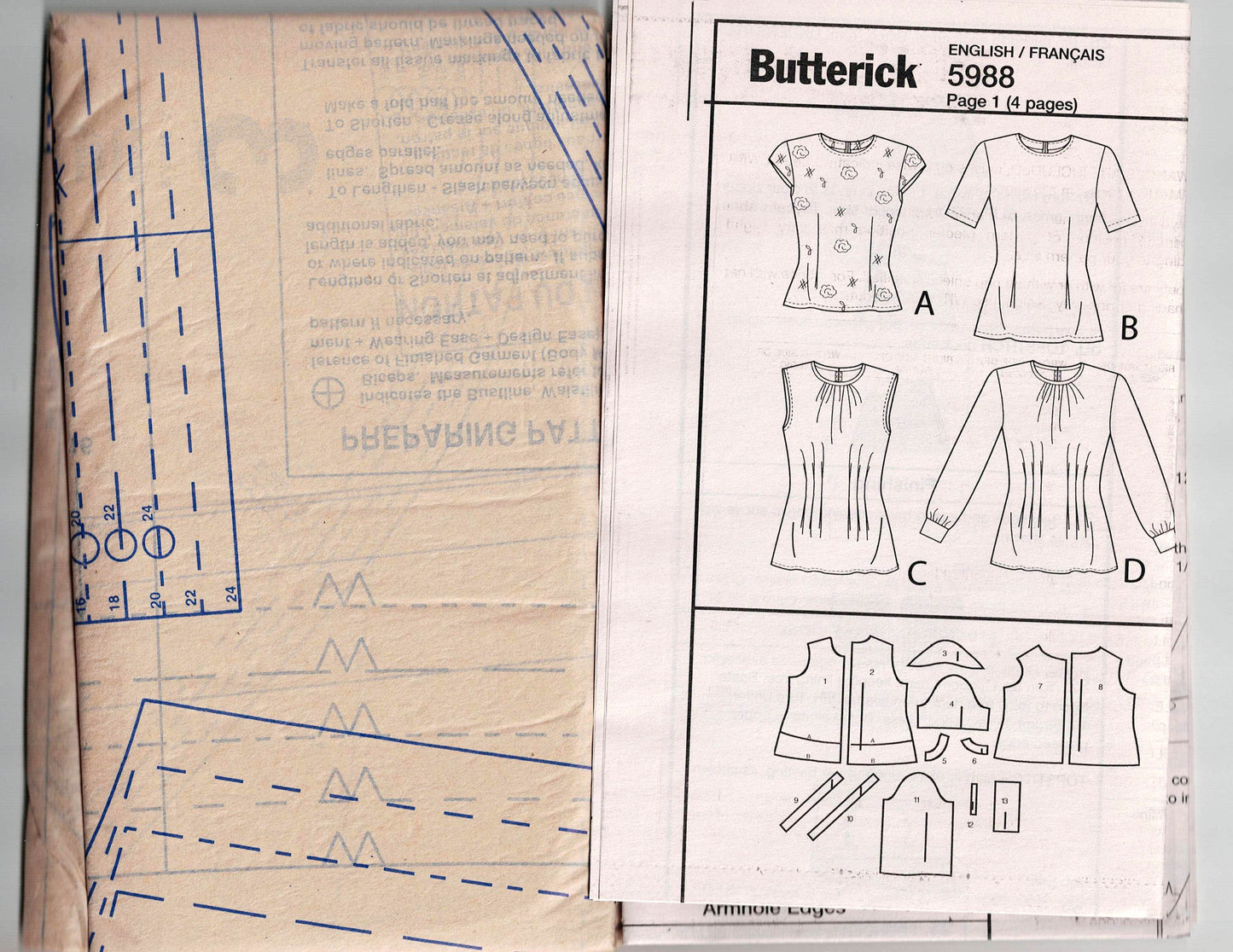 Butterick 5988 Womens EASY Tucked Front Tops Sewing Pattern Size 8 - 24 UNCUT Factory Folded