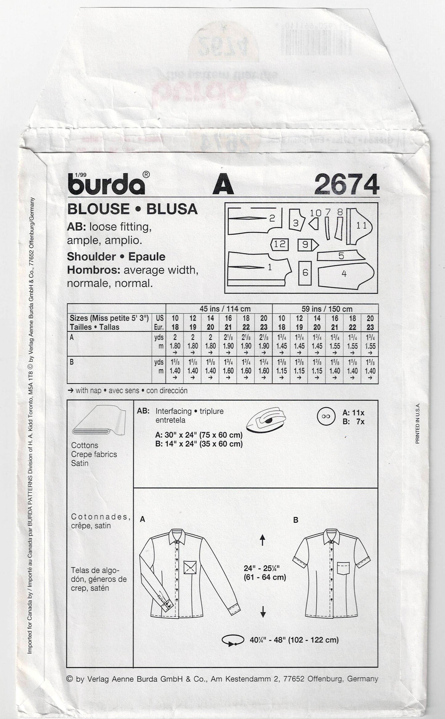 Burda 2674 Womens Classic Button Front Shirt/Blouse Out Of Print Sewing Pattern Sizes 10 - 20 UNCUT Factory Folded