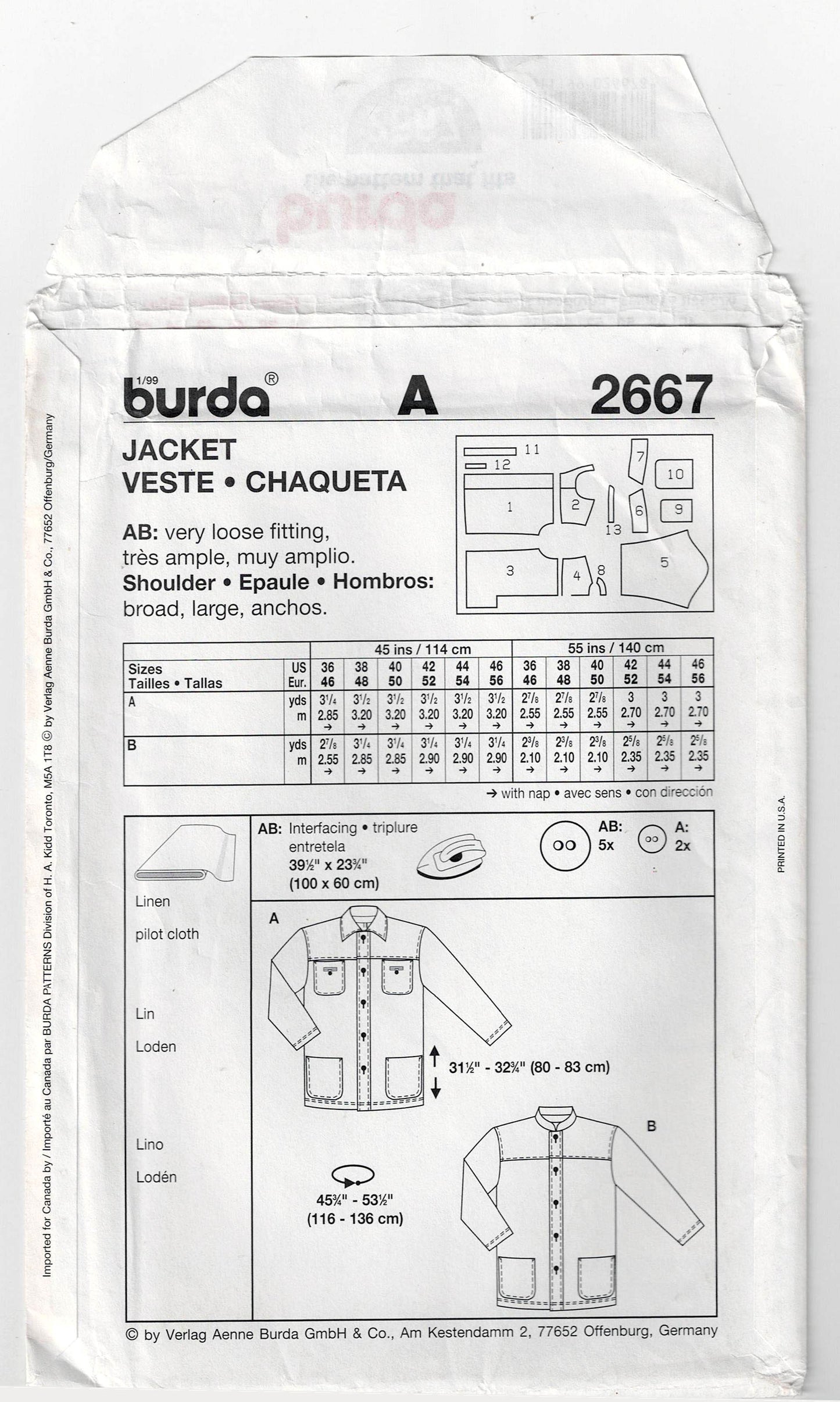 Burda 2667 Mens Casual Jackets Out Of Print Sewing Pattern Size 36 - 46 UNCUT Factory Folded