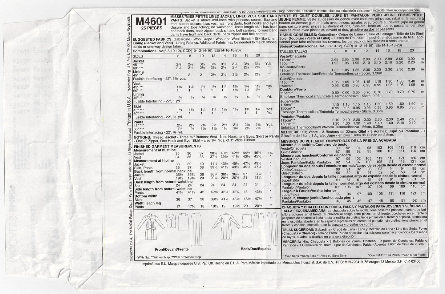 Patrón de costura sin cortar, doblado de fábrica, para chaqueta, chaleco, pantalones y falda de oficina de invierno para mujer de McCall's M4601, tallas 6 a 12