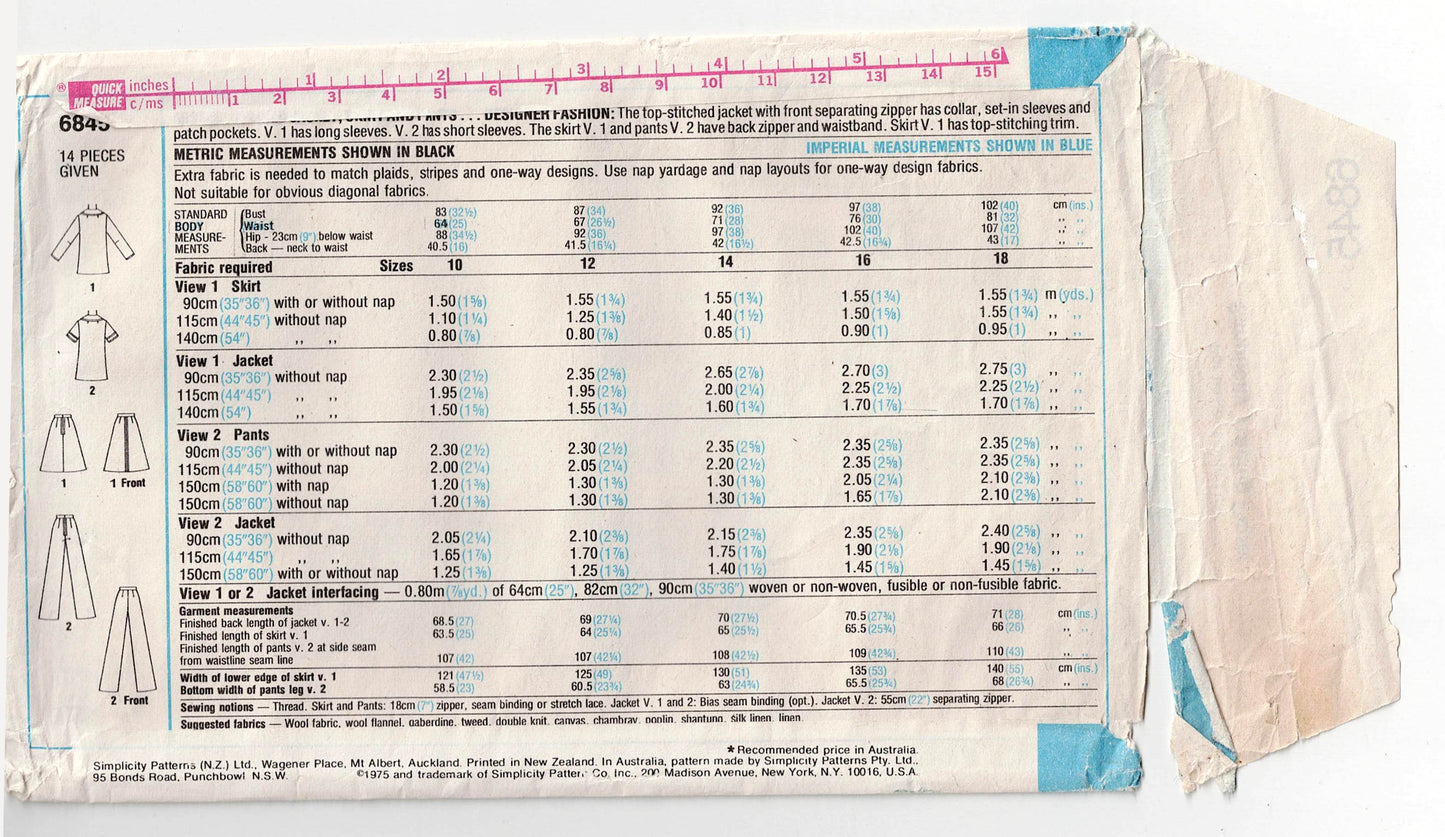 Simplicity 6845 DESIGNER Womens Wide Collar Jacket Skirt & Flared Leg Pants 1970s Vintage Sewing Pattern Size 12 Bust 34 inches