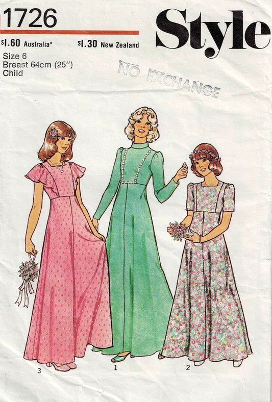 Style 1726 Girls High Waisted Flutter Sleeved Flower Girl Bridesmaids Dress 1970s Vintage Sewing Pattern Size 6