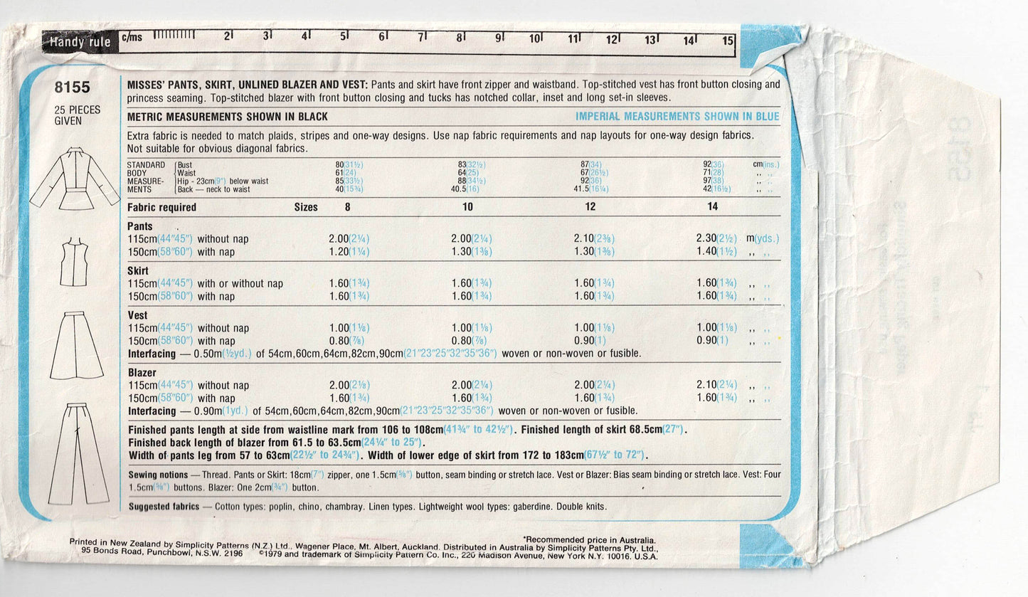 Simplicity 8155 Womens Fit & Flared Jacket Vest Skirt & Pants 1970s Vintage Sewing Pattern Size 12 Bust 34 Inches