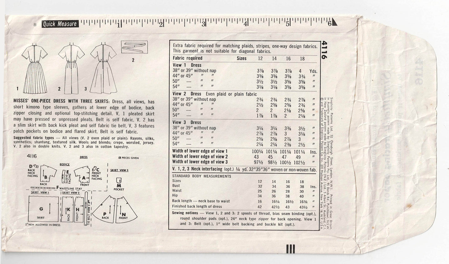 Simplicity 4116 Womens Slim Kimono Sleeved Dress with 3 Skirts 1960s Vintage Sewing Pattern Size 16 Bust 36 inches UNUSED Factory Folded