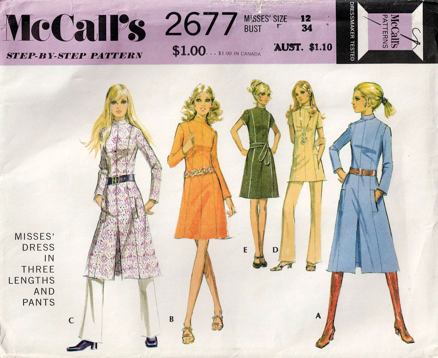 McCall's 2677 Womens Panelled Dress Tunic & Pants 1970s Vintage Sewing Pattern Size 12 Bust 34 inches