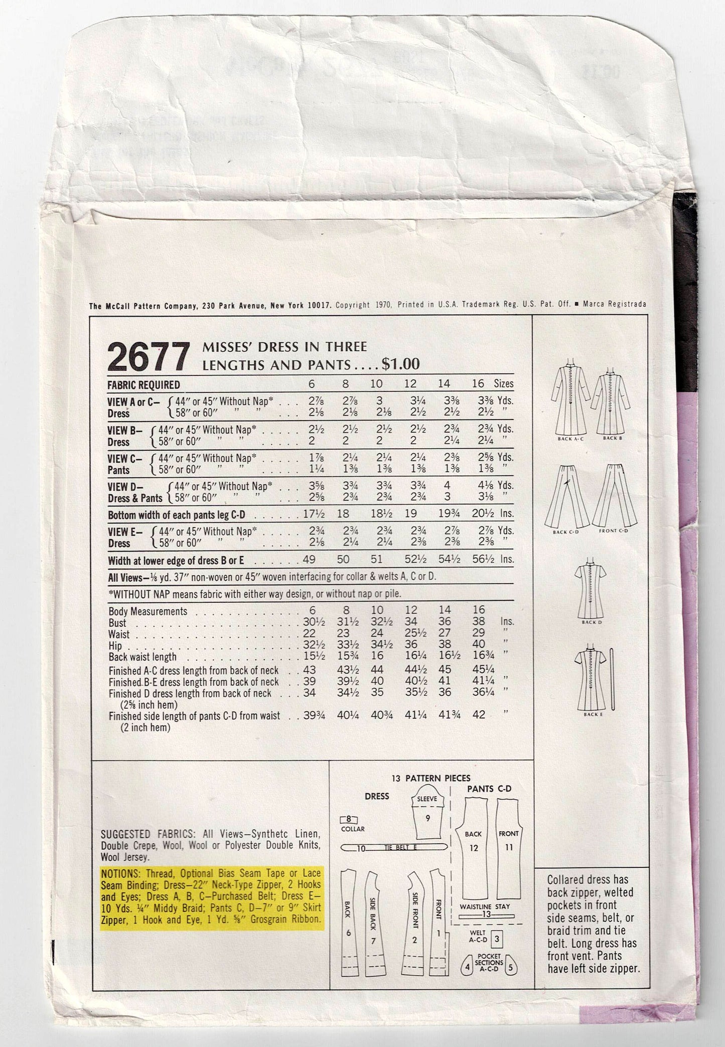 McCall's 2677 Womens Panelled Dress Tunic & Pants 1970s Vintage Sewing Pattern Size 12 Bust 34 inches