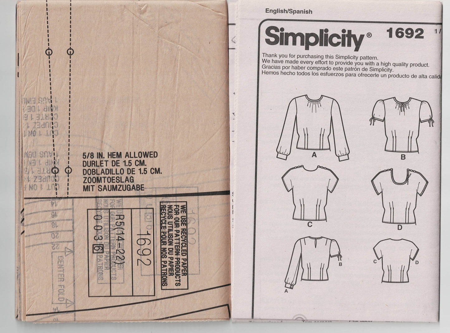 Simplicity 1692 Womens Reissued 1940s Tucked Blouse Out Of Print Sewing Pattern Size 14 - 22 UNCUT Factory Folded