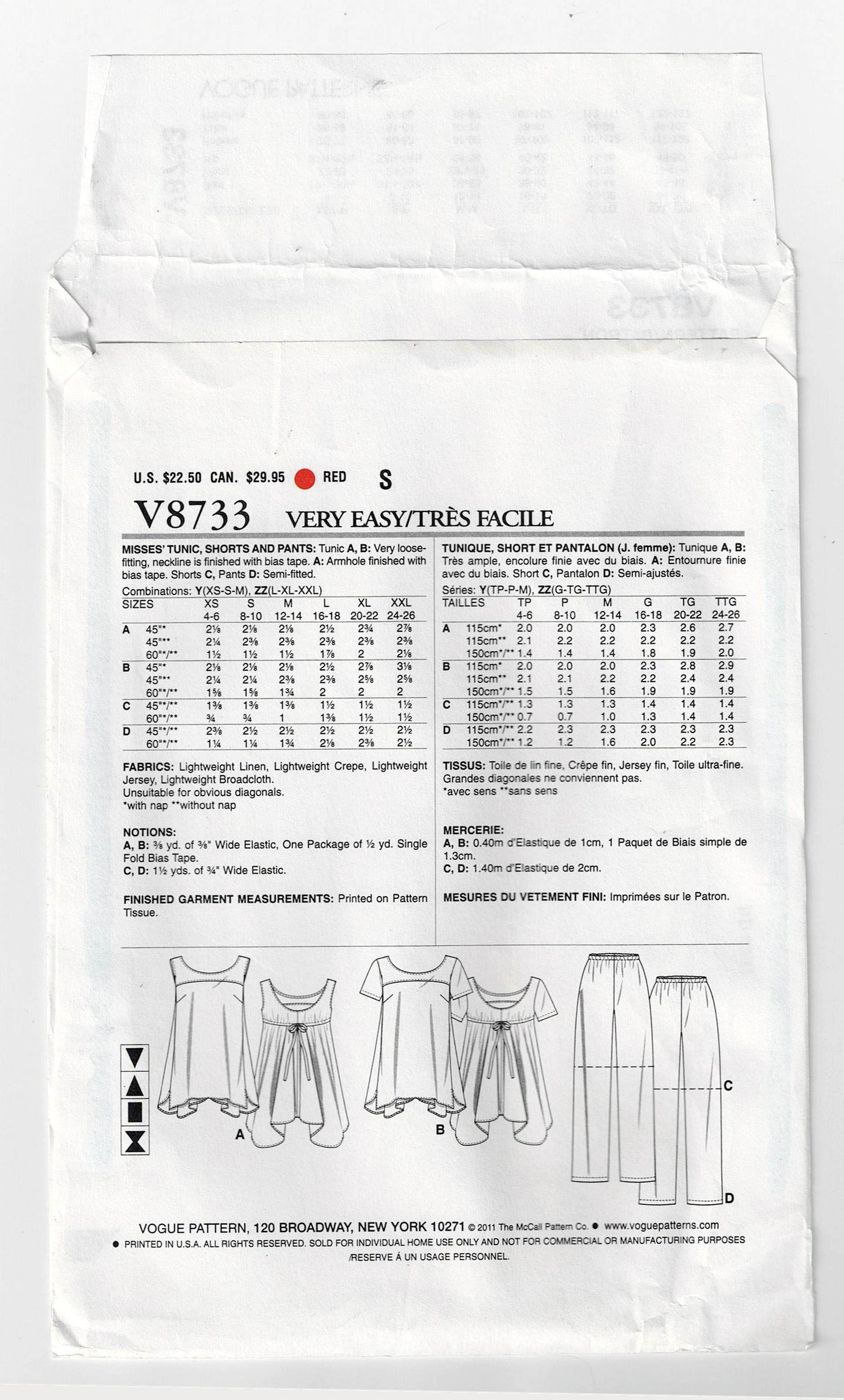 Very Easy Vogue 8733 Womens Yoked Tunic Shorts & Pants Out Of Print Sewing Pattern Size L - XXL UNCUT Factory Folded