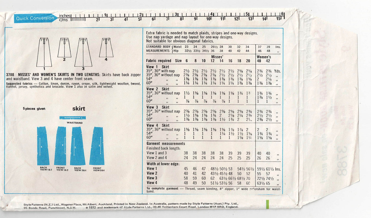 Style 3788 Womens Skirts in 2 Lengths 1970s Vintage Sewing Pattern Size 14 Waist 28 Inches