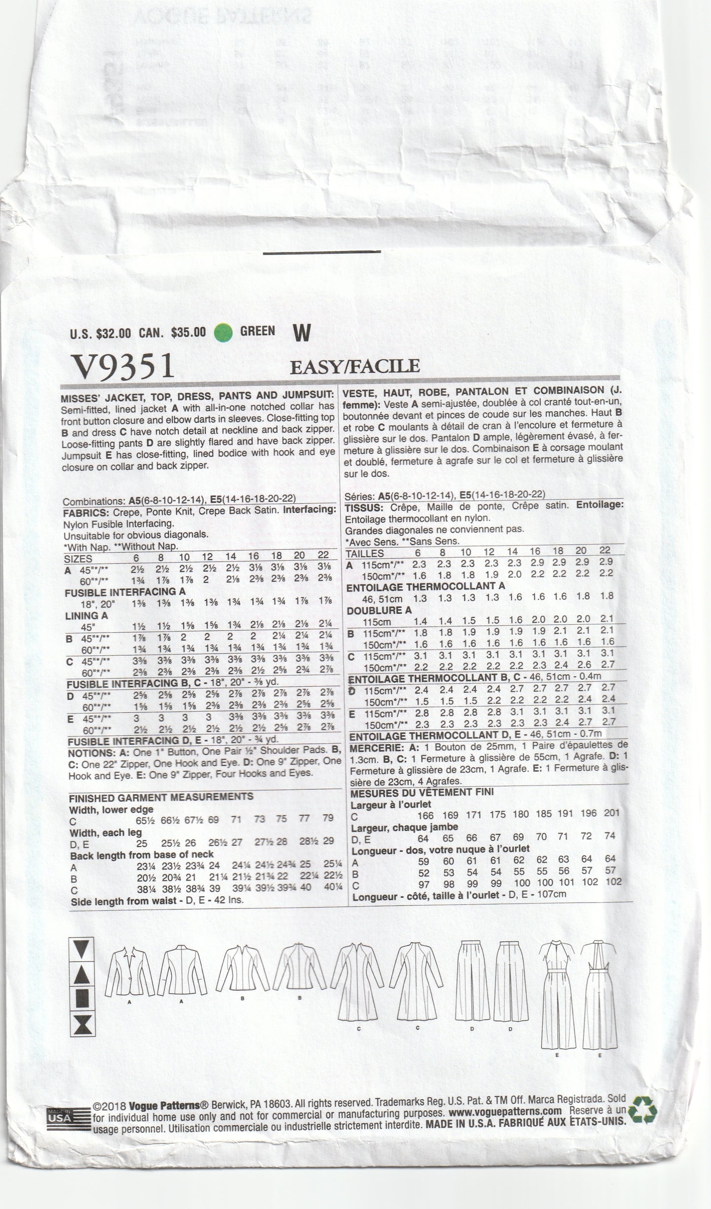 Vogue Wardrobe 9351 Womens Jacket Top Dress Pants & Jumpsuit Out Of Print Sewing Pattern Size 14 - 22 UNCUT Factory Folded