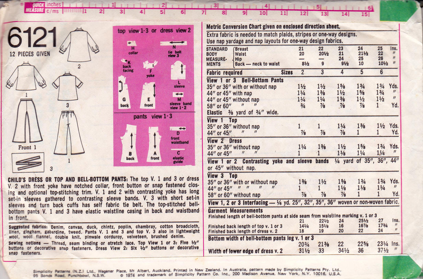 Simplicity 6121 Toddler Girls Retro Dress Top & Pants 1970s Vintage Sewing Pattern Size 4 Breast 23 inches