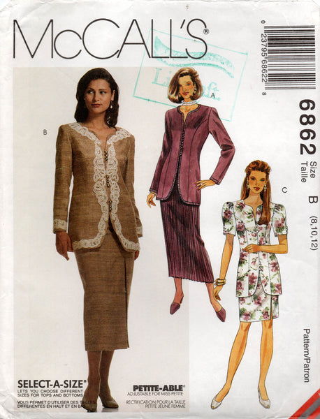 McCall's 6862 Womens Longline Jacket & Straight or Pleated Skirt 1990s