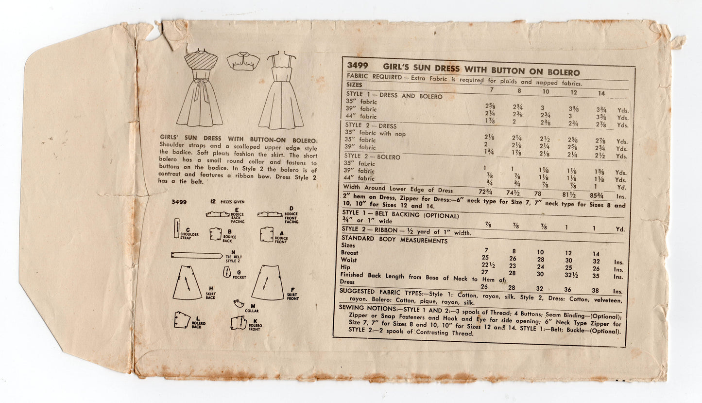 Simplicity 3499 Girls Scalloped Edge Full Skirt Party Dress & Button On Bolero 1950s Vintage Sewing Pattern Size 8 or 10