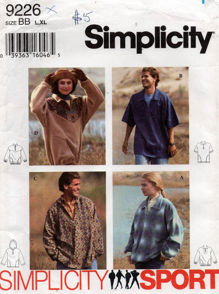 Simplicity 9226 Mens Womens Teens Unisex Pullover Tops 1990s Vintage S