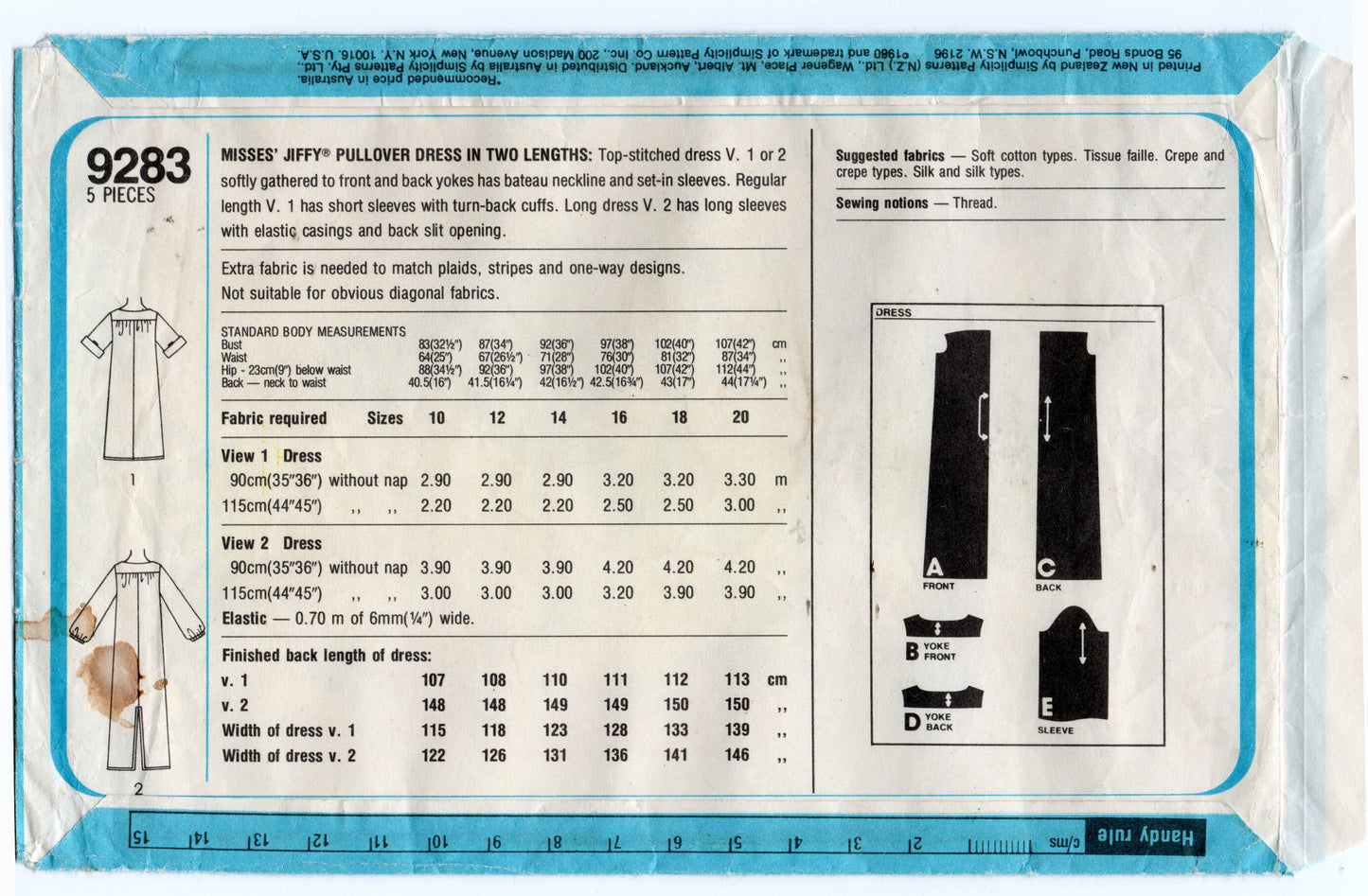 Simplicity 9283 Womens JIFFY Pullover Dress or Maxi 1970s Vintage Sewing Pattern Size 16 Bust 38 inches