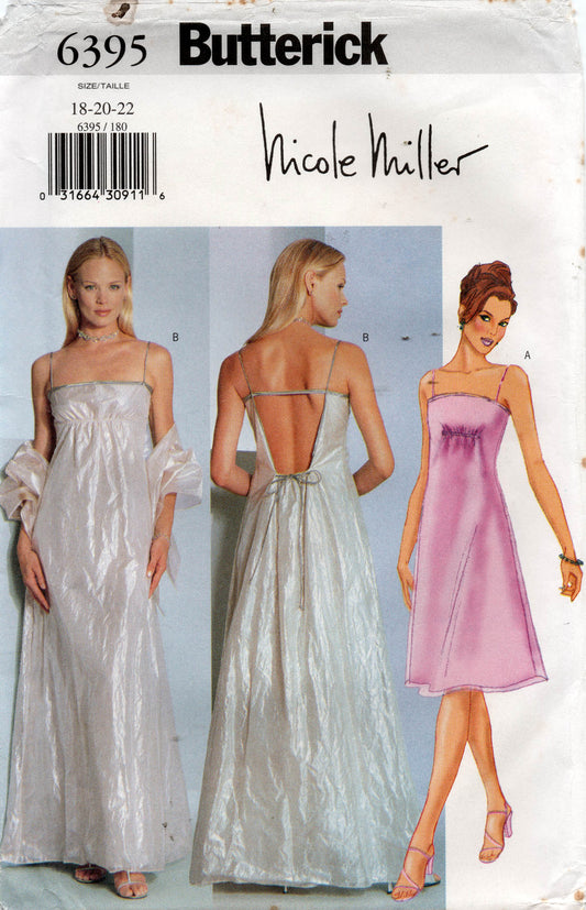 Patrón de costura vintage de los años 90 Butterick 6395 NICOLE MILLER para vestido de fiesta formal con escote en la espalda y estola para mujer, talla 18-22, sin cortar, doblado de fábrica