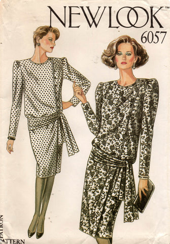 New Look 6057 Womens Drop Waisted Asymmetric Buttoned Dress 1980s Vintage Sewing Pattern Size 8 - 18 UNCUT Factory Folded