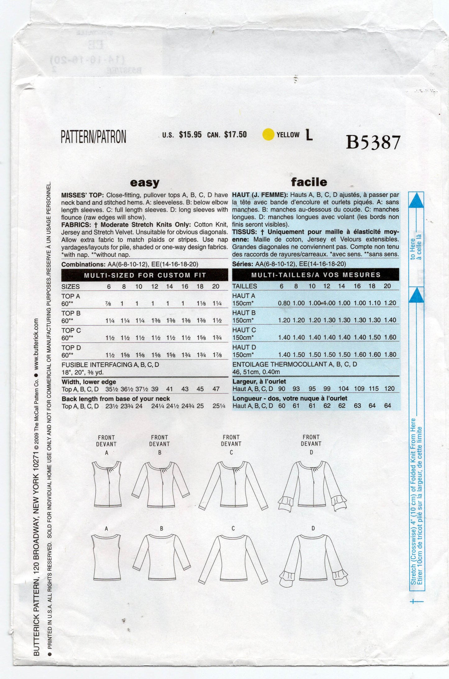 Patrón de costura de jersey asimétrico elástico para mujer Butterick B5387, agotado, talla 6-12 o 14-20, sin cortar, doblado de fábrica