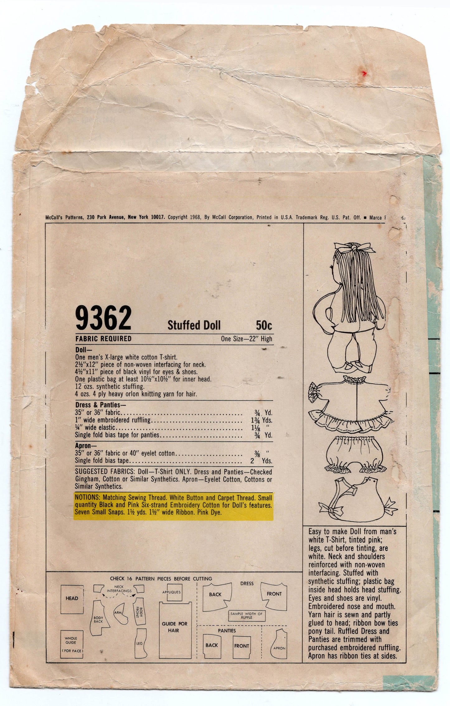 McCall's 9362 Retro Rag Doll & Clothes 1960s Vintage Sewing Pattern to fit 22 inch dolls