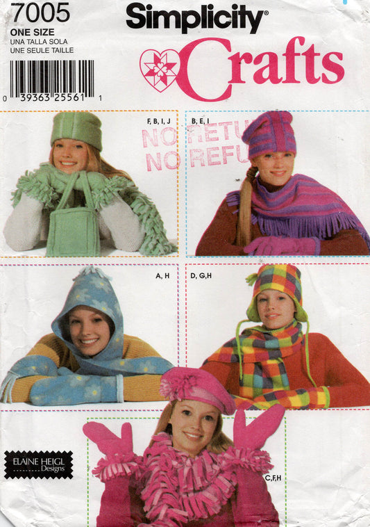 Patrón de costura Simplicity 7005 para gorros, bufandas, mitones y guantes de invierno para mujer, sin cortar, doblado de fábrica