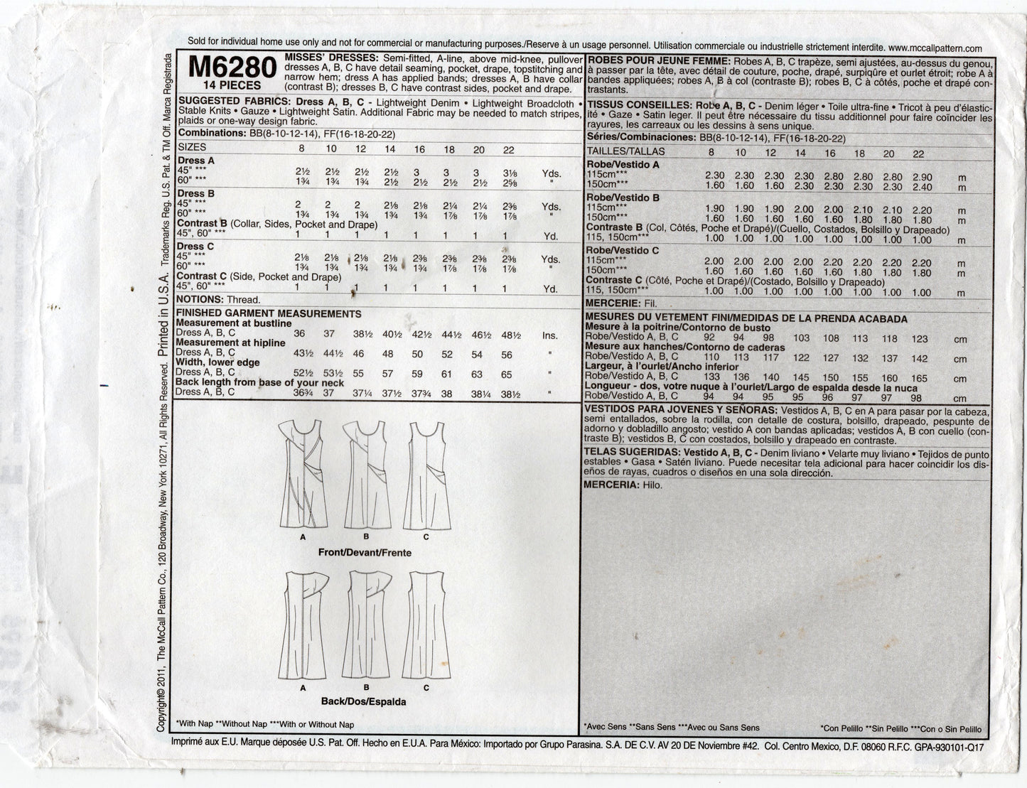 Patrón de costura agotado para vestido recto asimétrico con costura M6280 de McCall, tallas 8 a 14, sin cortar, doblado de fábrica