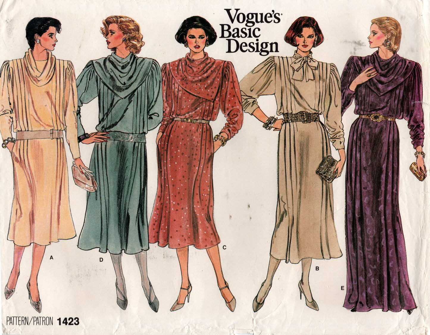 Vogue Basic Design 1423 Womens Pleated Puff Sleeved Dresses 1980s Vintage Sewing Pattern Size 14 UNCUT Factory Folded