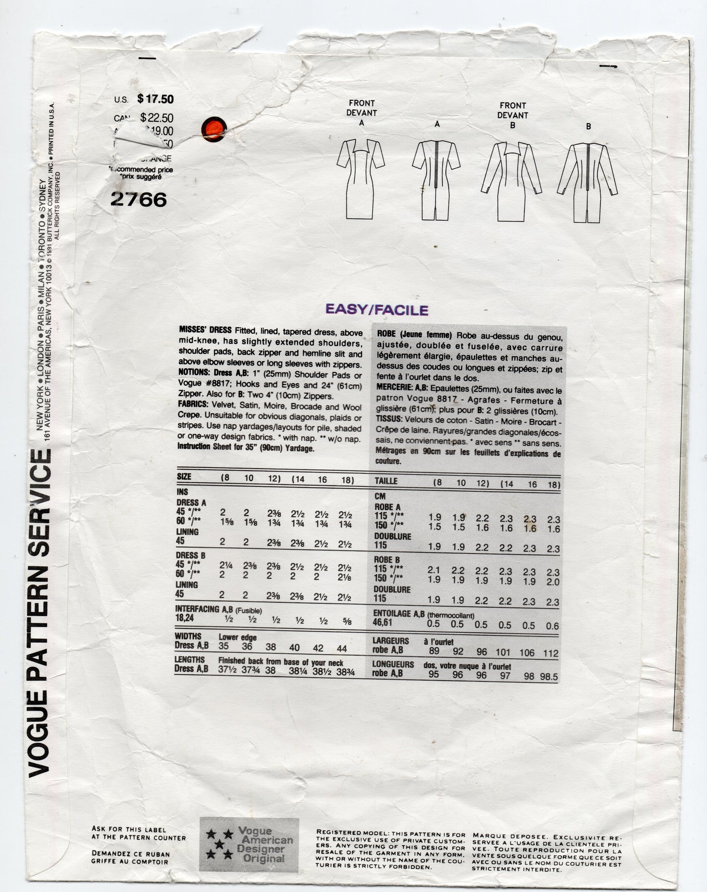 Vogue American Designer 2766 OSCAR DE LA RENTA Womens Evening Dress with Shaped Neckline 1990s Vintage Sewing Pattern Size 8, 10