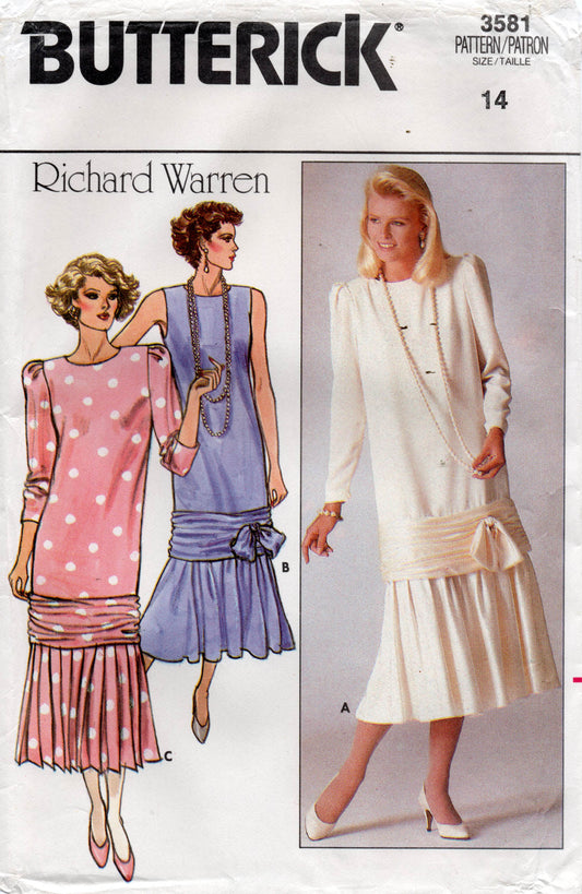 Butterick 3581 RICHARD WARREN Womens Drop Waisted Flounced Hem Evening Dress 1980s Vintage Sewing Pattern Size 12 Bust 34 Inches UNCUT Factory Folded