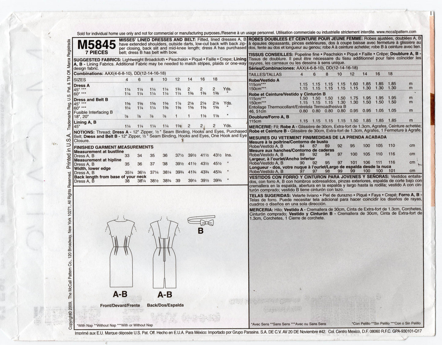 Patrón de costura agotado para vestido forrado con pinzas exteriores y cinturón para mujer McCall's 5845, tallas 4 a 10, sin cortar, doblado de fábrica