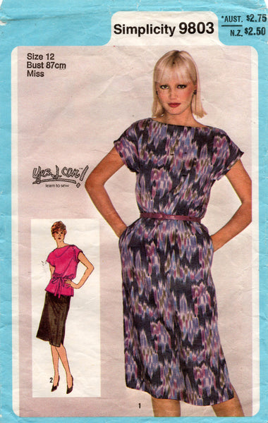 Simplicity 9803 Womens EASY Pullover Dress Top & Skirt 1980s Vintage Sewing Pattern Size 12