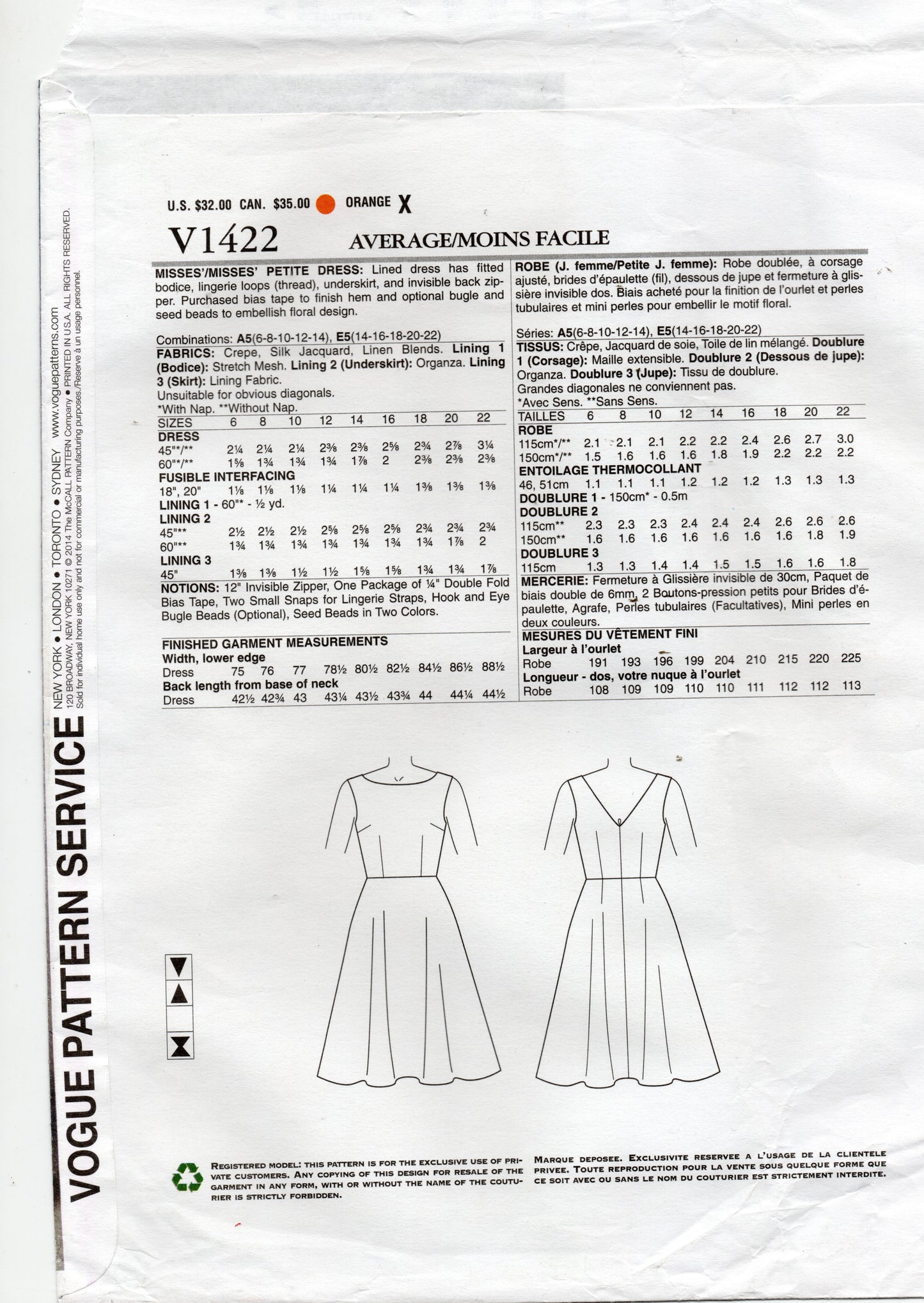 Vogue American Designer 1422 TRACY REESE Womens Lined Dress with Underskirt Out Of Print Sewing Pattern Size 14 - 22 UNCUT Factory Folded