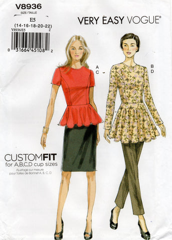 Very Easy Vogue V8936 Womens Custom Fit Peplum Tunic Top Skirt & Pants Out Of Print Sewing Pattern Size 14 - 22 UNCUT Factory Folded