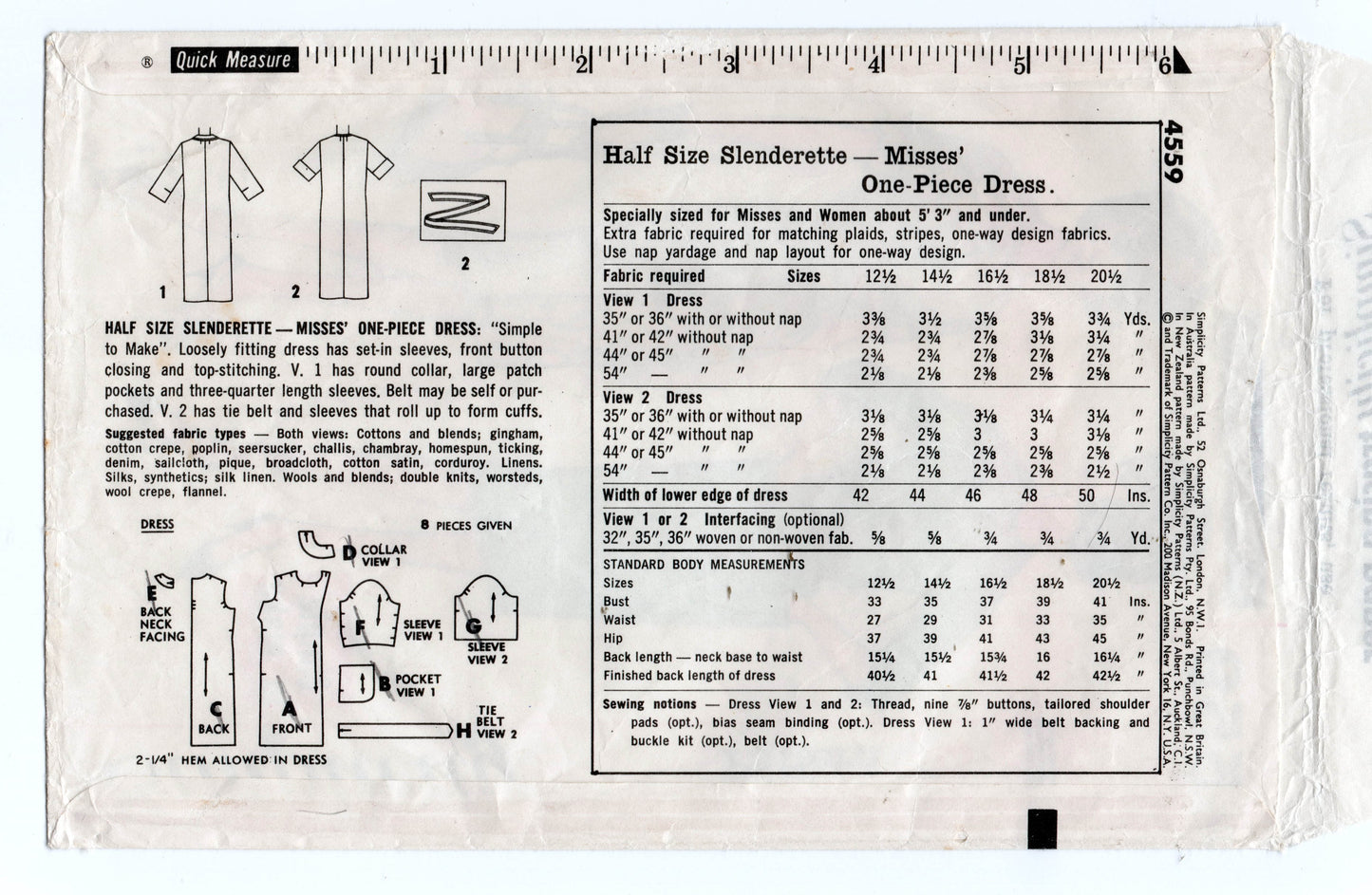 Simplicity 4559 Womens Half Size Shirtdress 1960s Vintage Sewing Pattern Size 14 1/2 Bust 35 inches