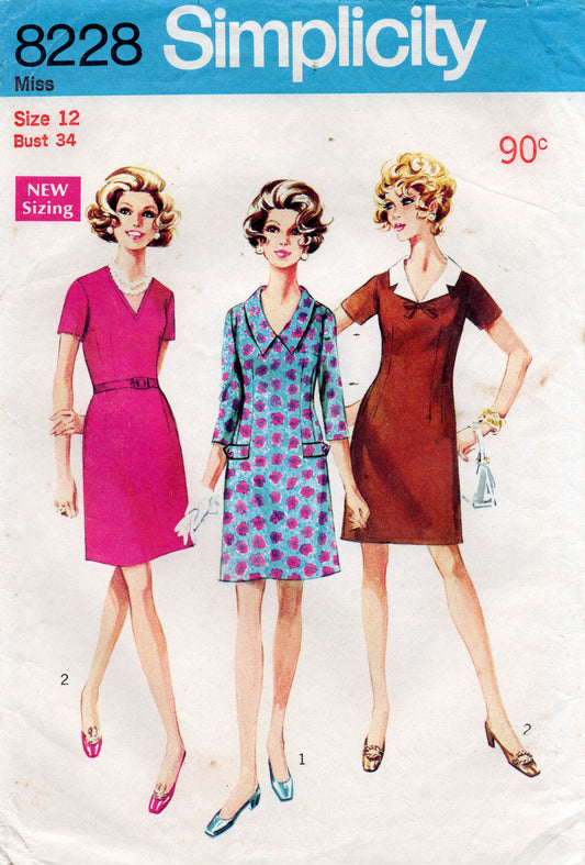 Simplicity 8228 Womens Dress With Detachable Collar 1960s Vintage Sewing Pattern Size 12 Bust 34 inches