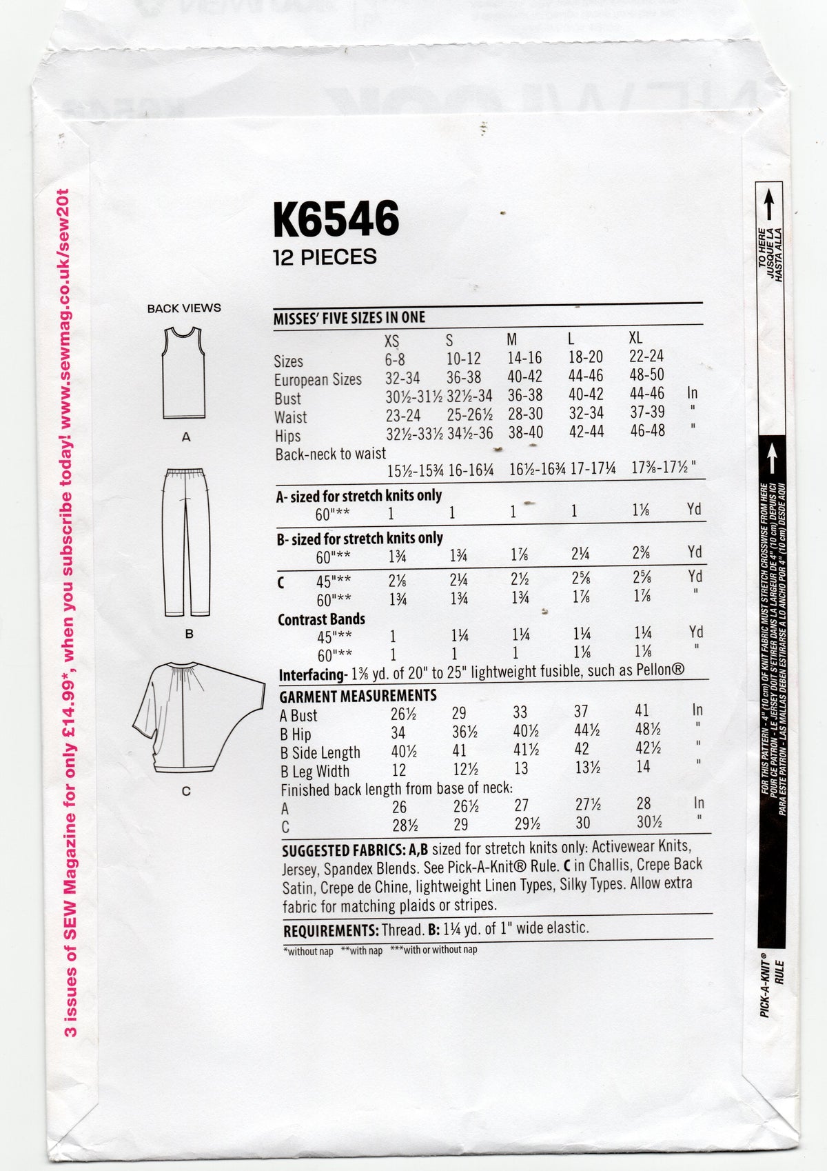 Patrón de costura de chaqueta cocoon para mujer New Look K 6546, camiseta sin mangas y pantalones, tallas XS a XL, sin cortar, doblado de fábrica