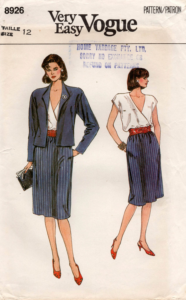 Vogue 8926 Womens Skirt Suit & Wrap Top 1980s Vintage Sewing Pattern S