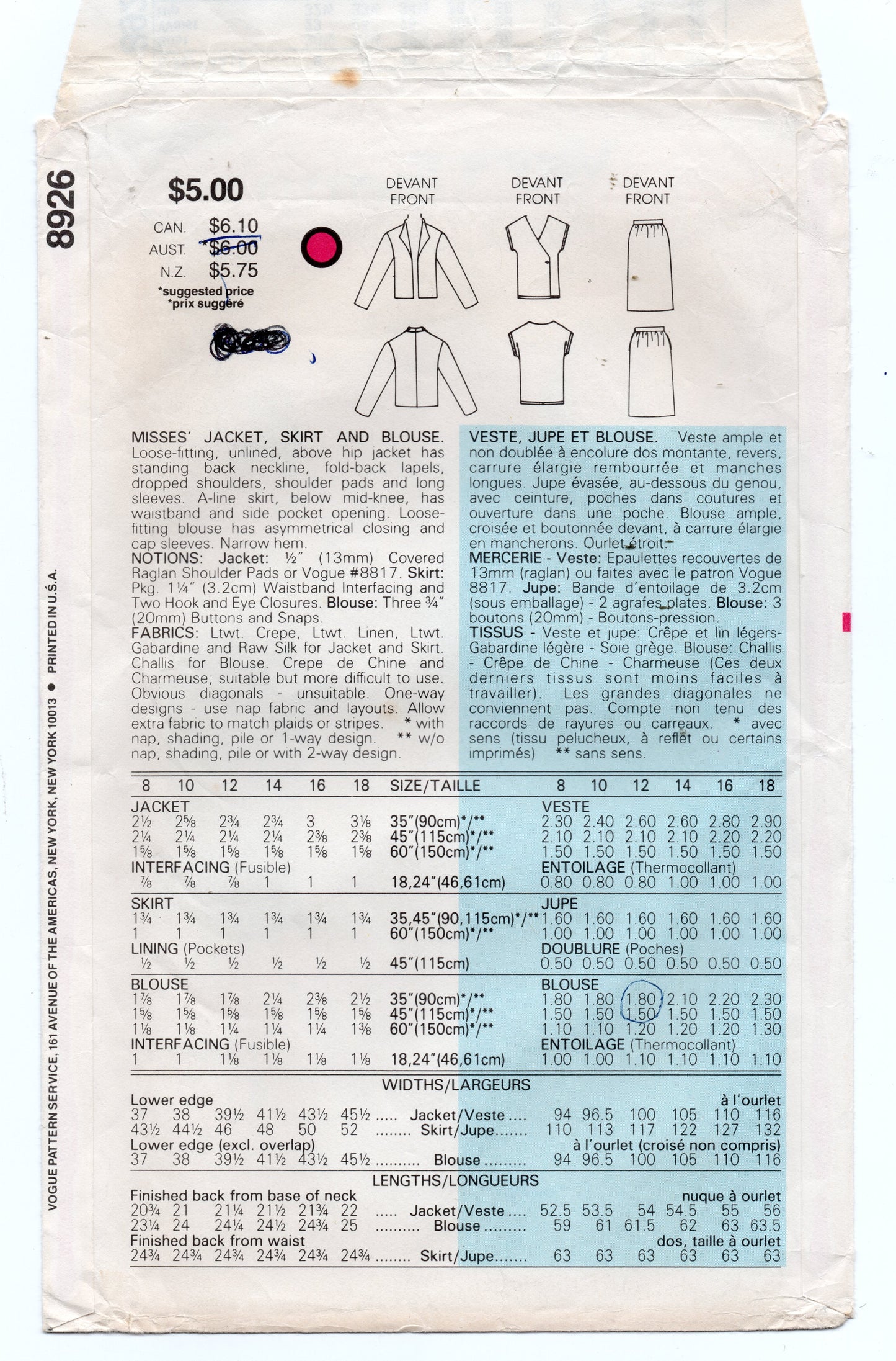 Vogue 8926 Womens Skirt Suit & Wrap Top 1980s Vintage Sewing Pattern Size 12 Bust 34 Inches UNCUT Factory Folded