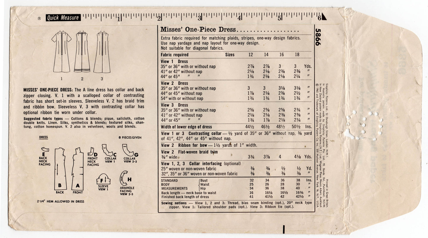 Simplicity 5866 Womens Shift Dress with Collars 1960s Vintage Sewing Pattern Size 14 Bust 34 inches