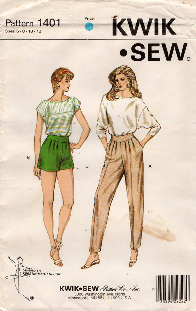 Kwik Sew 1401 Womens Tapered Pants & Shorts with Back Zipper 1980s Vin