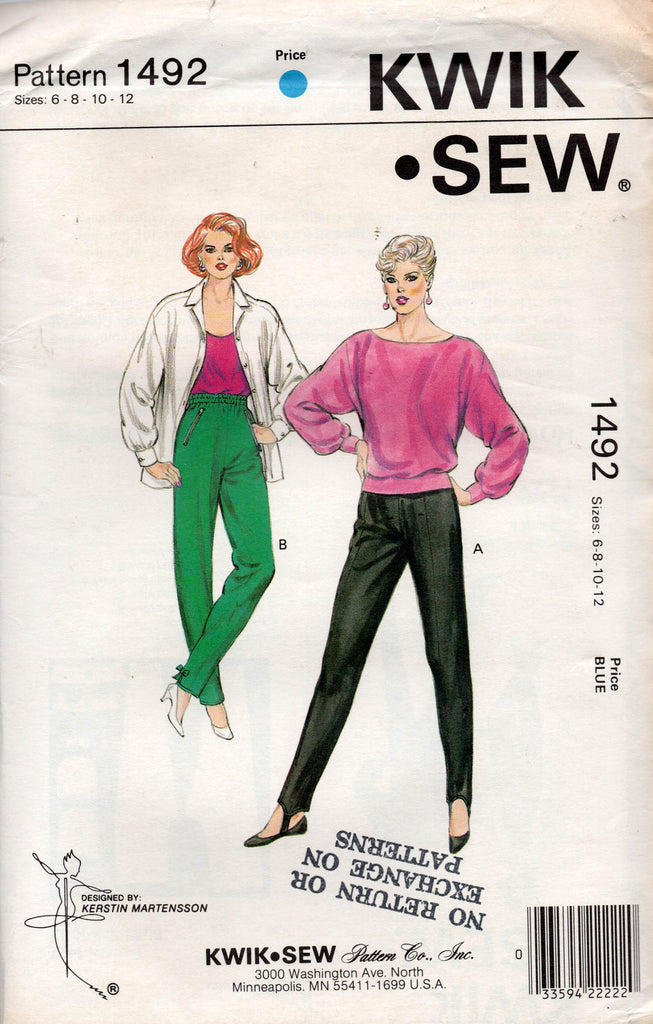 Kwik Sew 1492 Womens Stretch Tapered or Stirrup Pants 1980s Vintage Se