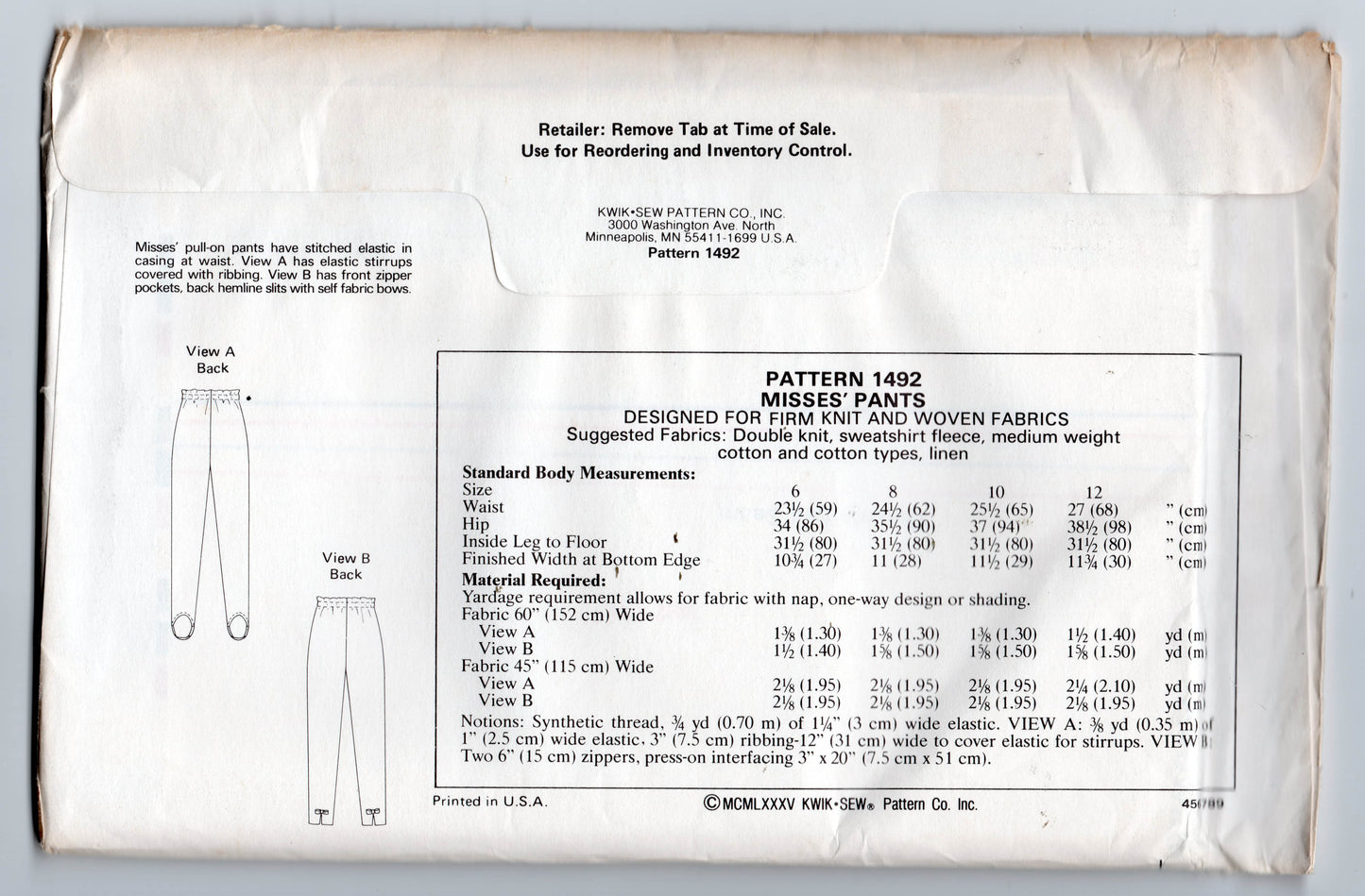 Kwik Sew 1492 Womens Stretch Tapered or Stirrup Pants 1980s Vintage ...