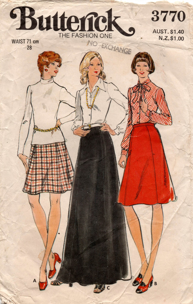 Butterick 3770 Womens A Line Panel Skirt in 3 Lengths 1970s Vintage Se
