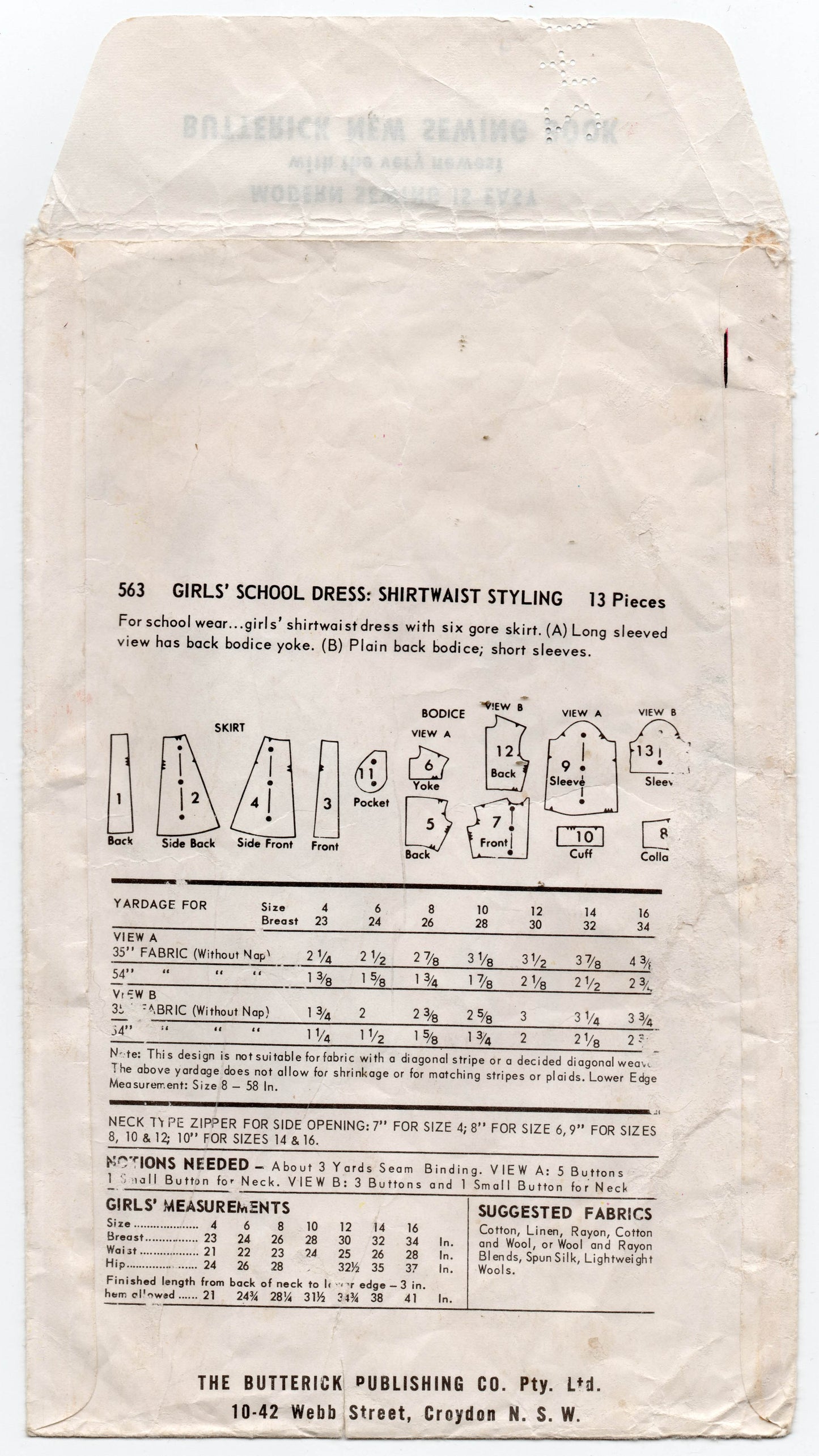 Butterick 563 Toddler Girls Shirtwaist Style School Dress / Uniform 1970s Vintage Sewing Pattern Size 4 Breast 23 inches