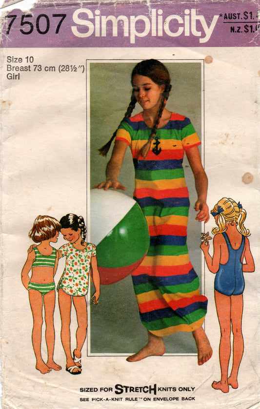 Patrón de costura vintage de los años 70 para traje de baño y pareo Simplicity 7507 para niñas, talla 10