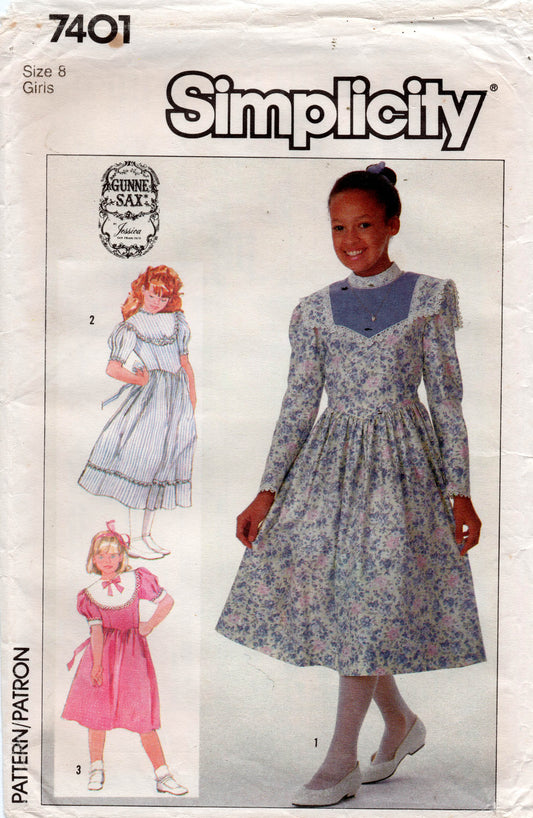 Patrón de costura vintage de los años 80 Simplicity 7401 GUNNE SAX para vestido de niñas con mangas abullonadas, talla 8, sin cortar, doblado de fábrica