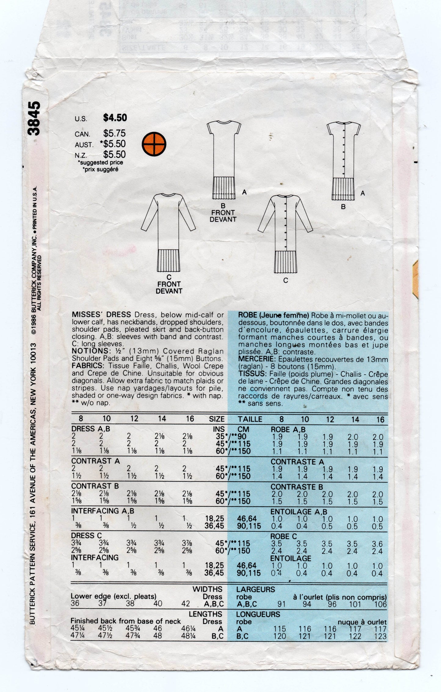 Butterick 3845 Womens Retro Drop Waist Dress with Pleated Skirt 1980s Vintage Sewing Pattern Size 12 Bust 34 inches