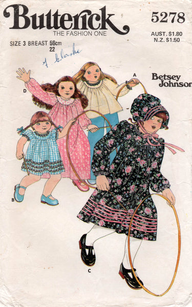 Butterick 5278 BETSEY JOHNSON Toddler Girls Smock Top Dress & Bonnet 1970s Vintage Sewing Pattern Size 3