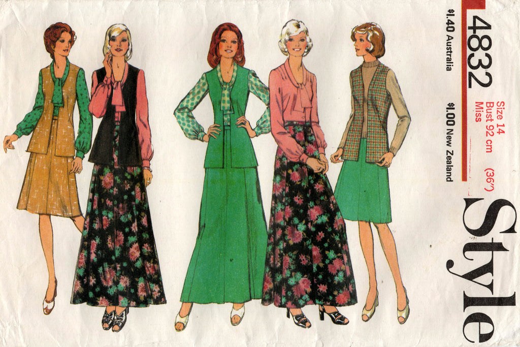 Style 4832 Womens Blouse Long Vest & Skirt 1970s Vintage Sewing Patter