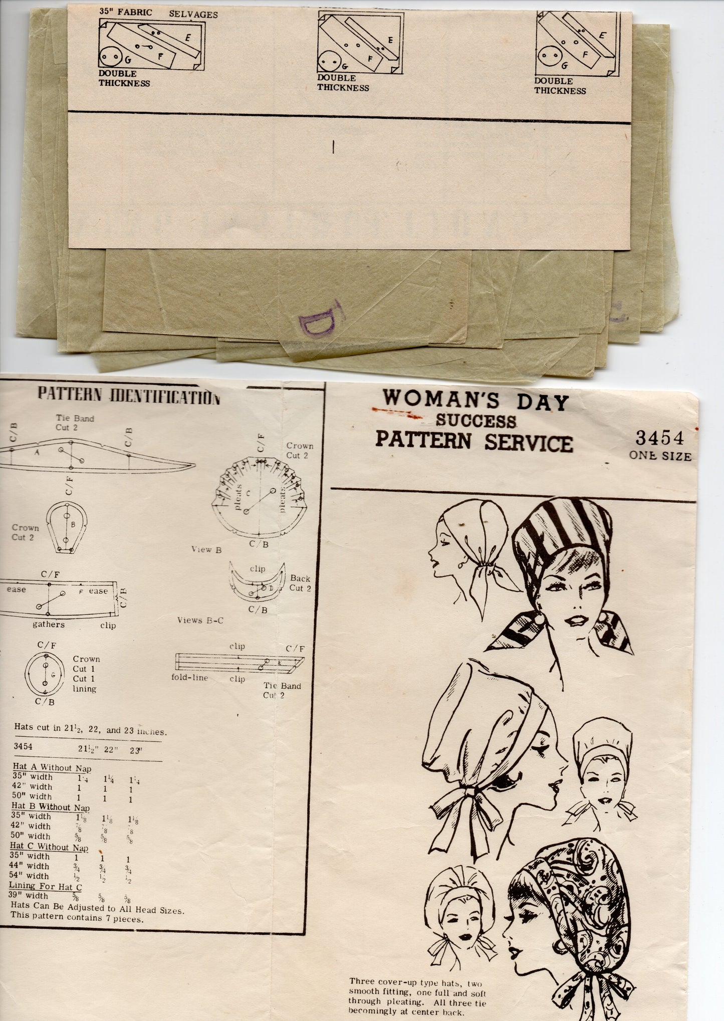 Patrón de costura vintage de los años 60 para sombreros y cubrecabezas estilo bufanda drapeada para mujer, éxito del Día de la Mujer 3454