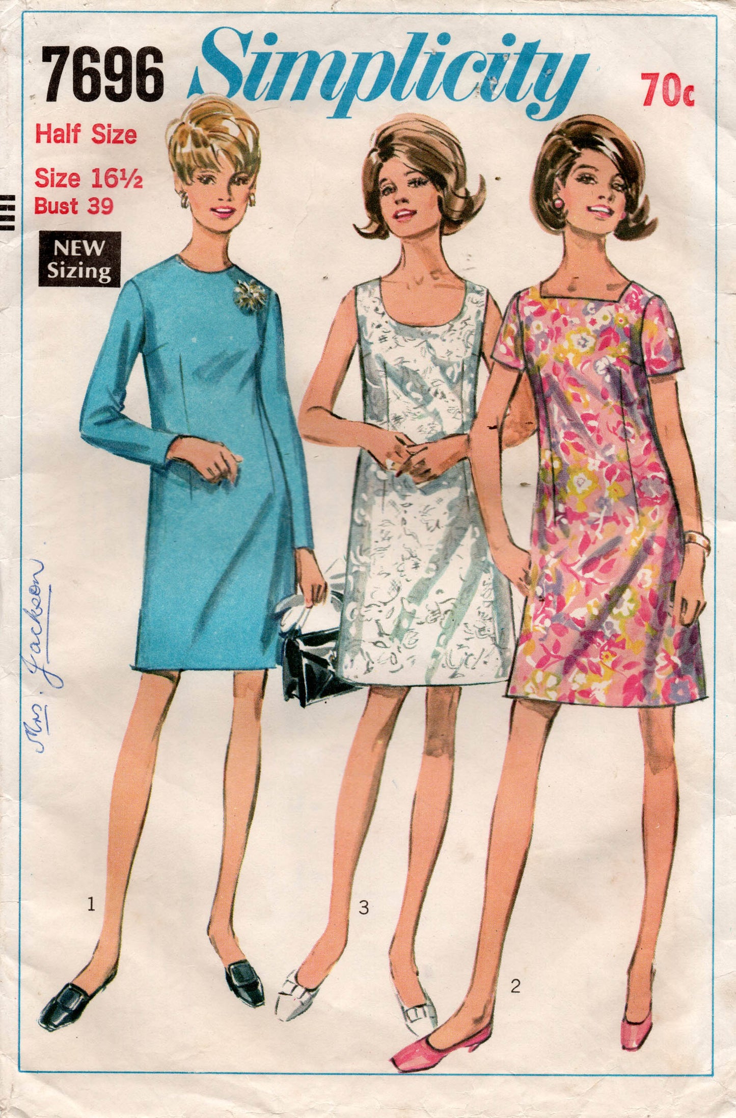 Simplicity 7696 Womens Half Size Shift Dresses 1960s Vintage Sewing Pattern Bust 39 inches